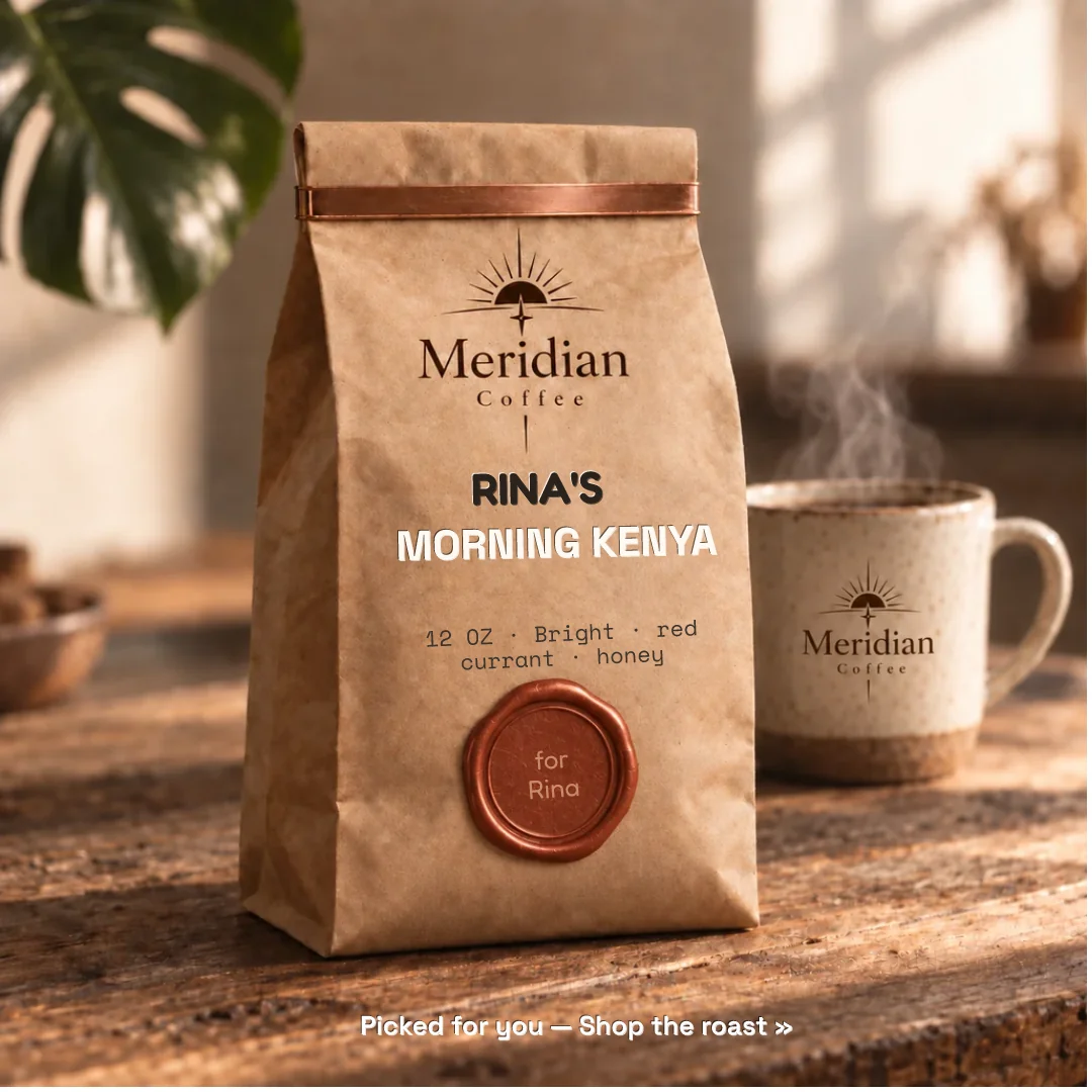 Meridian Coffee bag personalized for Rina — Morning Kenya roast