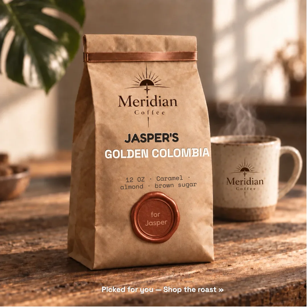 Meridian Coffee bag personalized for Jasper — Golden Colombia roast